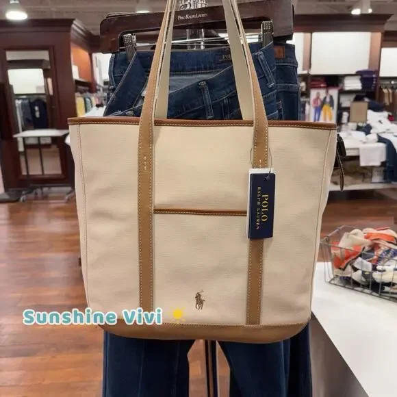 NWT Polo Ralph Lauren Women's Leather-Trim Canvas Medium Shopper Tote Ecru/Cuoio